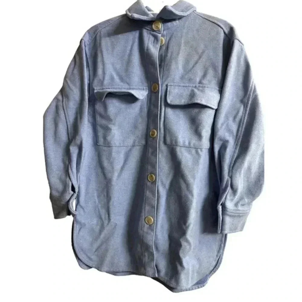H&M Chambray Button Down Shirt Size XS Blue Oversized Shacket Casual Minimal - Picture 7 of 14